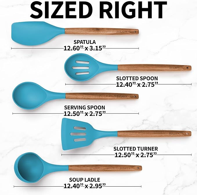 Zulay Kitchen Utensils Set Non-Stick Silicone Cooking Utensils Set with Authentic Acacia Wood Handles - 5 Piece Silicone Utensil Set - Silicone Kitchen Utensils Set with 464°F Heat Resistance - Blue