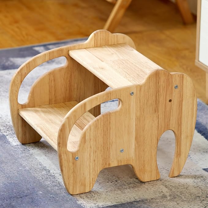 Wooden Step Stool for Kids Bathroom,Toddler Step Stool, Wood Kids Step Stools with Handles, Two Step Children's Stool for Bathroom, Kitchen, Bedroom, Potty Training (Elephant Shape)