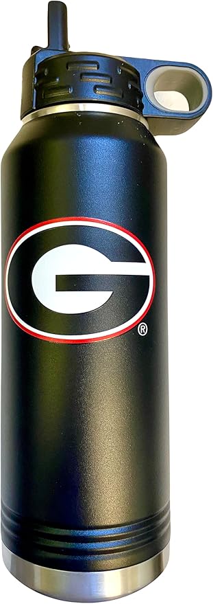 University of Georgia Bulldogs 32oz Stainless Steel Double Walled Black Beverage Bottle with Flip Straw Spout - College Gear for Playoff Season – For Office, Home or Auto – Show your Bulldog Pride