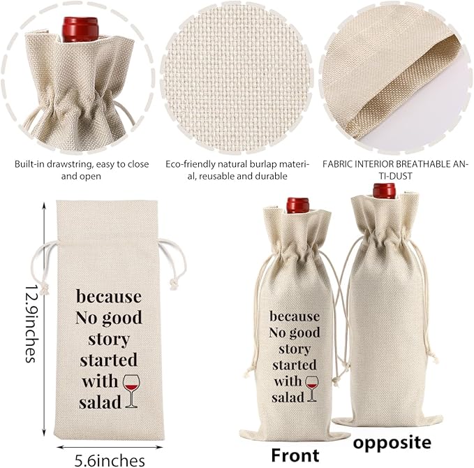 Wedding Bridal Shower Gifts, Engagement Gifts Wine Bags for Wine Bottles Gifts, Birthday Housewarming Gifts New Home Wine Gifts Bag, Because No Good Story Started with A Salad Wine Bag