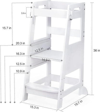 TOETOL Bamboo Toddler Kitchen Step Stool White Helper Standing Tower Height Adjustable with Anti-Slip Protection for Kids Kitchen Counter Learning