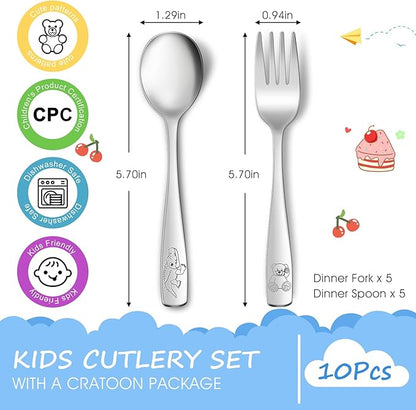 10-Piece Toddler Flatware, Kids Utensils Stainless Steel Cutlery Set, Children Safe Spoons and Forks with Ergonomic Handle, Easy to use and Dishwasher Safe (Crocodile and Bear)