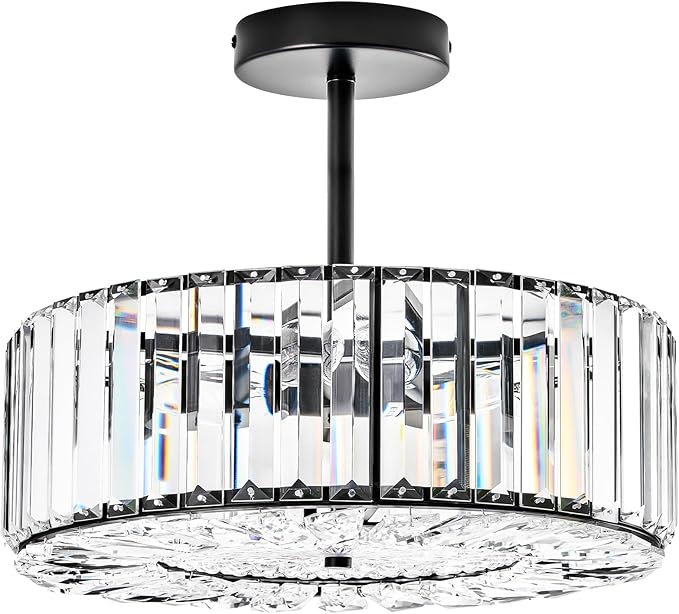 VONLUCE Crystal Ceiling Light Fixture, Modern Semi Flush Mount Ceiling Light, 15" Round 4-Light Crystal Chandelier Hallway Lighting for Kitchen Bedroom Living Room Dining Room Entryway Closet, Black