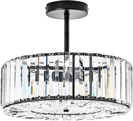 VONLUCE Crystal Ceiling Light Fixture, Modern Semi Flush Mount Ceiling Light, 15" Round 4-Light Crystal Chandelier Hallway Lighting for Kitchen Bedroom Living Room Dining Room Entryway Closet, Black