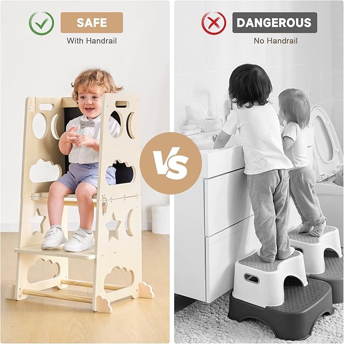 Toddler Step Stool Kitchen Stool Helper, 3 in 1 Toddler Standing Tower Collapsible Kids Step Stool for Bathroom, Montessori Kids Stool, Child Standing Tower for Toddlers with Chalkboard & Safety Rail