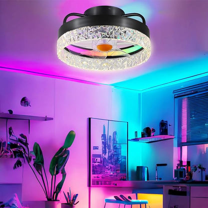 13in Flush Mount Ceiling Fan with RGB Light - Small Bladeless Ceiling Fan Light with Reversible Mute Motor, LED Dimmable, Low Profile Enclosed Ceiling Fans for Modern Indoor