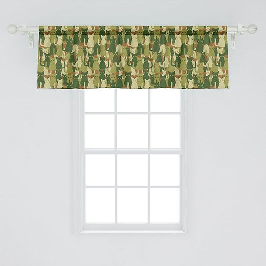 Ambesonne Camo Window Valance, Kitten Silhouette Protective Cat Theme in Jungle Colors Animal Silhouettes, Curtain Valance for Kitchen Bedroom Decor with Rod Pocket, 42" x 18", Green Dark Green Cream