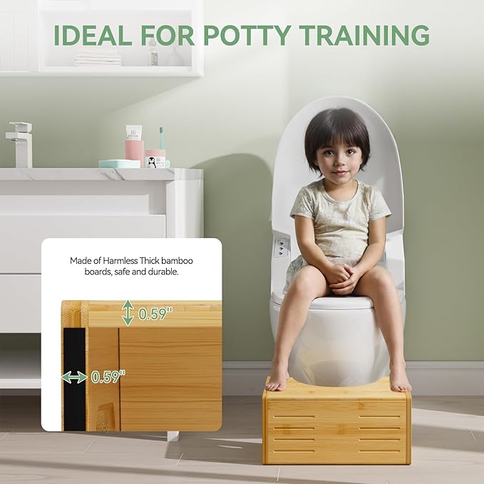 AmazerBath Potty Training Toilet Stool for Toddler, 7” Sturdy Bamboo Small One Step Stools for Adults, 3-in-1 Space Saving Baby & Kids Squat Poop Foot Stool for Bathroom Sink, Kitchen Counter, Closet