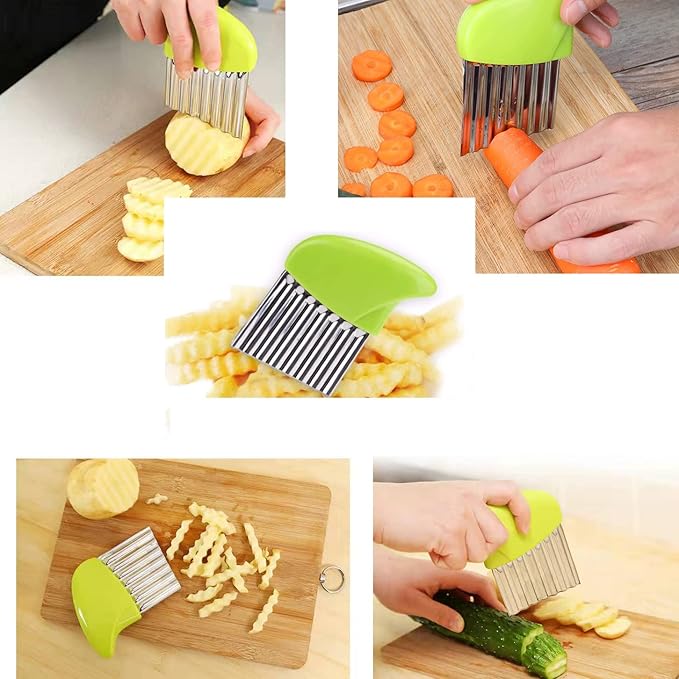 7 Piece Wooden Kids Kitchen Knife Set Children's Cooking Safety Plastic Knife Potato Wavy Chopper Cutter Kids Fruit Baking Knife Toddler Kitchen Tools Kids Apron, Children's Day Gift