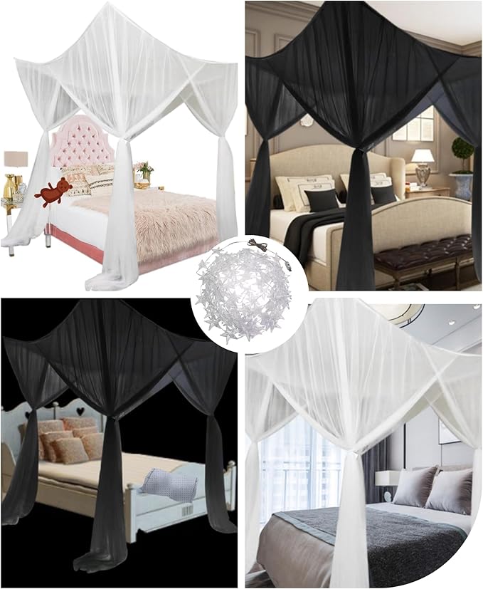 Bed Canopy Mosquito Net for Bed, Canopy Bed Curtains for Twin Full Size, 4 Corner Post Bedroom Canopy with USB String Light, Square Home Decor Bed Drapes for Kids Adults (Black-Light)