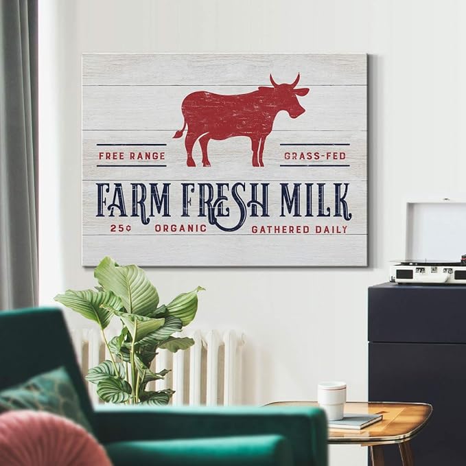 Renditions Gallery Canvas Animal Wall Art Home Paintings & Prints Organic Farm Fresh Milk Abstract Red & White Modern Cow Artwork Decorations for Bedroom Office Kitchen - 32"x48" LT33