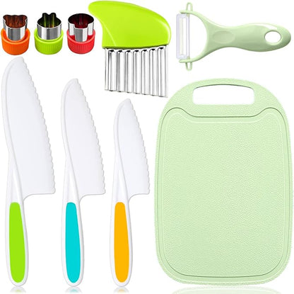 9 Pcs Kids Kitchen Knife Set, Kids Knives For Real Cooking With Cutting Board, Y Peeler, Crinkle Cutter, Sandwich Cutter, Serrated Edges Plastic Toddler Knife Kid Safe Knives