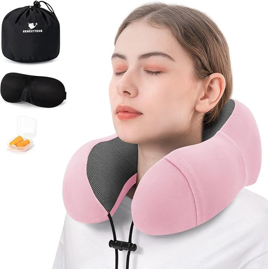 Neck Pillow for Airplane, Memory Foam Travel Pillows, Soft & Support Travel Pillow for Travelling, Sleeping Rest, Car, Train and Home Use (Pink/Hump-Shaped)