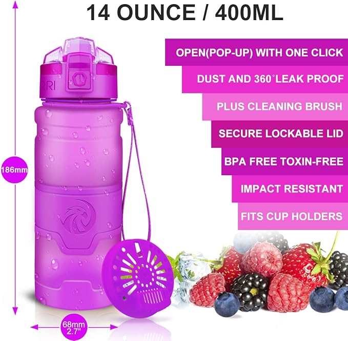 ZORRI 14/17/ 24/32 OZ Water Bottles, BPA Free Tritan Lightweight Leak Proof Sport Bottle with Brush, Lock Feature, Track Marker, and Flip Lid for Kids School, Fitness, Office, Sports & Outdoors