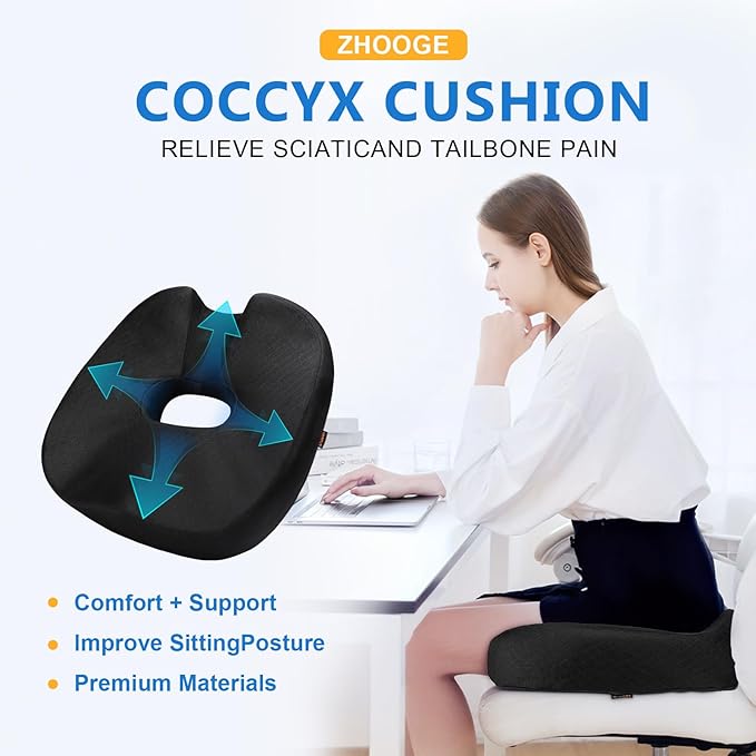 Memory Seat Cushion, Donut Pillow, Donut Cushion Hemorrhoids Scientific Center Hole & Two Humps Hip Curve Design, Memory Foam Seat Cushions for Office, Car and Home Chairs (Black, XL Size)