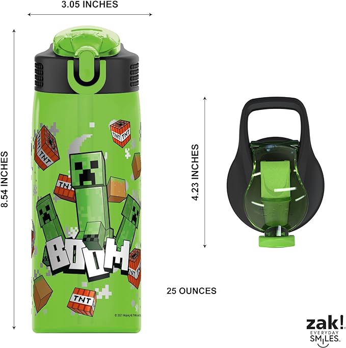 Zak Designs Minecraft Water Bottle For School or Travel, 25 oz Durable Plastic Water Bottle With Straw, Handle, and Leak-Proof, Pop-Up Spout Cover (Creeper)