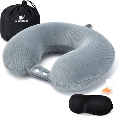 Travel Pillow, Neck Pillow Airplane Memory Foam with Sleep Mask Earplugs, Soft & Support Fleece Airplane Pillow for Travelling Plane Car Train Home Use, Grey