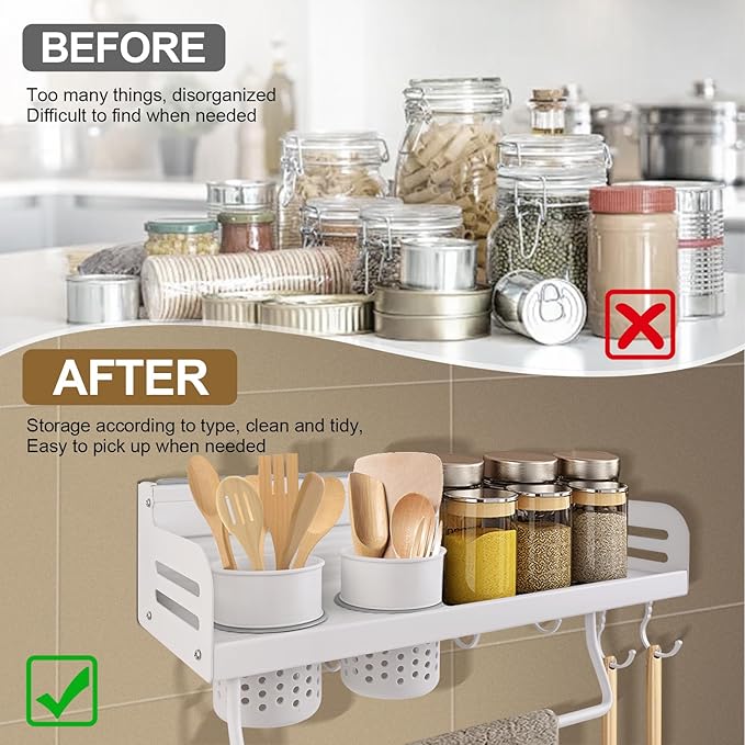 Spice Rack Organizer Wall Mount, Seasoning Rack with Hook,Space Aluminum Space Saver Racks for Kitchen, Cabinet, No Punching Required Kitchen Wall Storage Organizer, Multifunctional Home Storage Rack