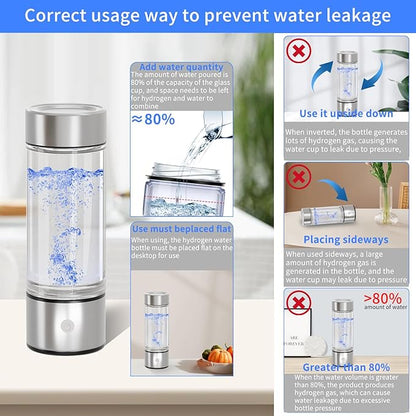 2024 Hydrogen Water Bottle,Hydrogen Water Bottle Generator 3Min Quick Electrolysis,Hydrogen Water Ionizer Glass Health Cup Suitable for Travel, Exercise,Home,Gift for Love(Silver)