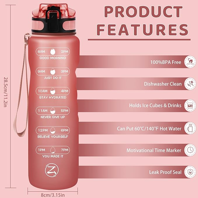 ZOMAKE 32oz Motivational Water Bottle with Times to Drink,Time Marker & Removable Strainer,Fast Flow,Leakproof Tritan BPA Free Non-Toxic Water Jug for Fitness,Gym,Sports…