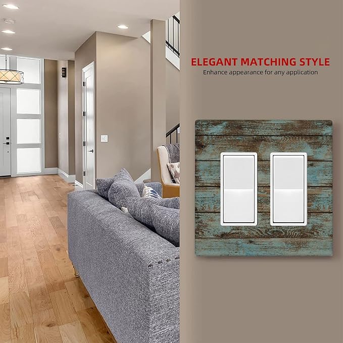 Vintage Green Wood Texture Double Rocker Light Switch Wall Plate Cover Decorative 2-Gang for Outlet Room Bathroom Bedroom Home Kitchen Two Decora Receptacle Polycarbonate Power Gear 4.5" x 4.6"