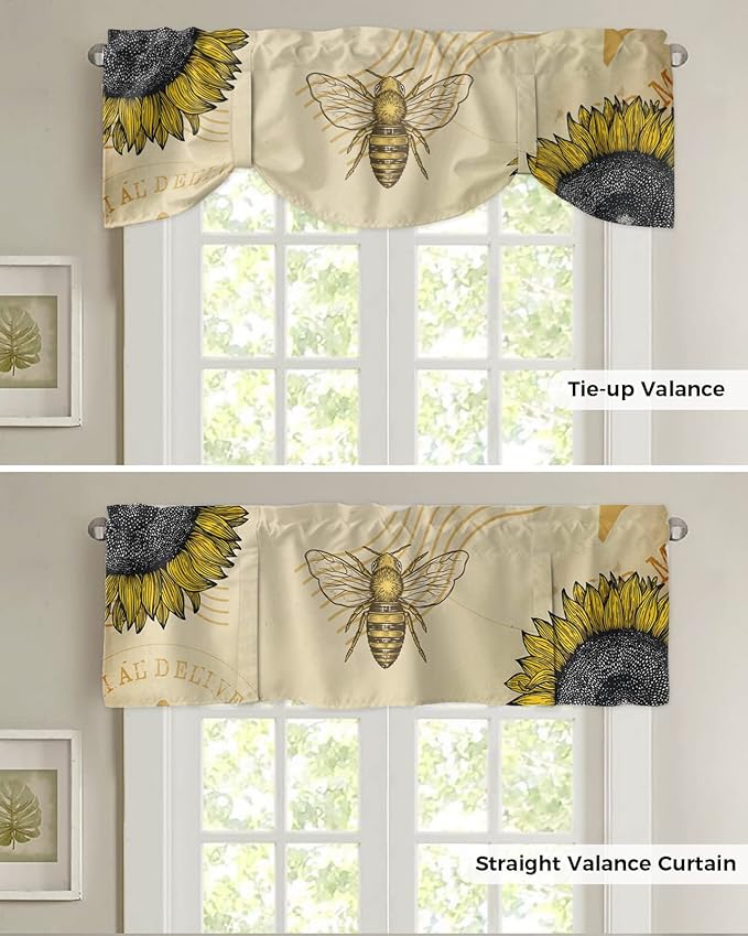 Vintage Sunflower Bee Blackout Tie Up Valance Curtains for Kitchen Windows Summer Window Toppers Balloon Shades for Living Room/Bathroom/Bedroom,1 Panel,60" X 18" Yellow