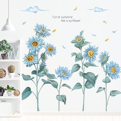 3D Sunflower Wall Decals Butterfly Stickers, Removable Blue Flower Butterfly Wall Decor Sunflower Wallpaper Window Clings Water Bottle Stickers for Kids Girls Room Kitchen Nursery Party