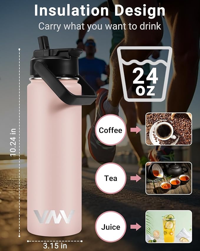 VNV 24 Oz Insulated Water Bottle, Stainless Steel Vacuum Double Wall Insulated Thermos, Leak Proof Travel Mug with Straw Lid, for Home and Outdoor