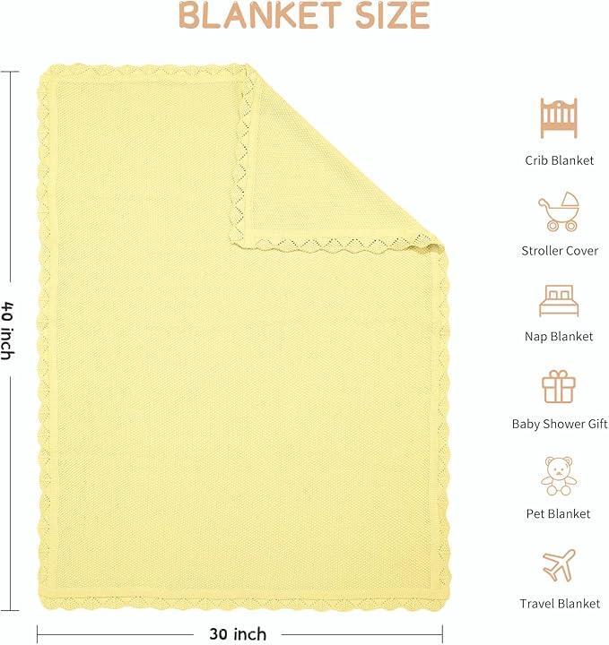 100% Cotton Baby Blanket Knit Soft Warm Lace Toddler Newborn Nursery Blanket, 30 x 40 Inches, Lemon Yellow