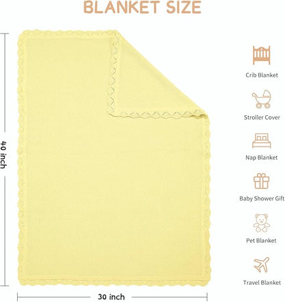 100% Cotton Baby Blanket Knit Soft Warm Lace Toddler Newborn Nursery Blanket, 30 x 40 Inches, Lemon Yellow