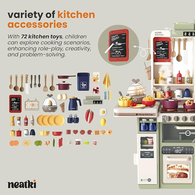 72-Piece Kids Play Kitchen Set: 27.16 x 10.62 x 36.61 inches: Interactive Features, Realistic Design, and Educational Fun for Ages 3 and Up (Avocado Ash 72)