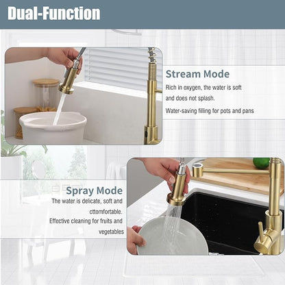 Touchless Kitchen Faucet, Brushed Gold Kitchen Faucet with Soap Dispenser and Deck Plate, Motion Sensor Smart Hands-Free Activated Single Handle Faucet for Camper Farmhouse RV Kitchen Sink