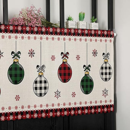 Vandarllin Christmas Kitchen Curtains Valances for Windows Vintage Buffalo Plaid Christmas Balls Rod Pocket Window Treatment for Kitchen/Living Room/Bedroom/Bathroom,60" X 18" -1 Panel, Farmhouse