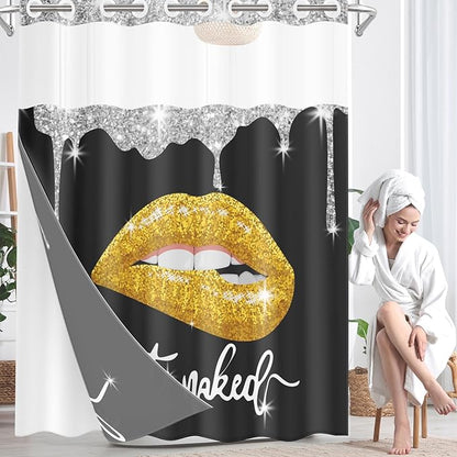 Yellow Gold Lips No Hook Shower Curtain with Snap in Liner, Diamond Glitter Get Naked Black Bath Curtain with Double Layers Waterproof Fabric and Mesh Top Window 71x74 Inch