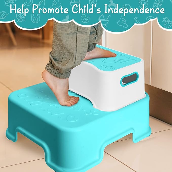 2 Step Stool for Kids and Toddler,Anti-Slip Sturdy Bathroom Toilet Step Stools,Double up Step Stool with Soft Grips,for Potty Training,Sink,Kitchen(Blue)