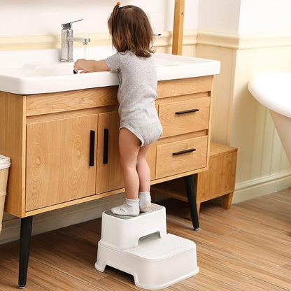 Two Step Stool for Kids(2 Packs), Anti-Slip Sturdy Toddler Two Step Stool for Bathroom, Kitchen and Toilet Potty Training (White)