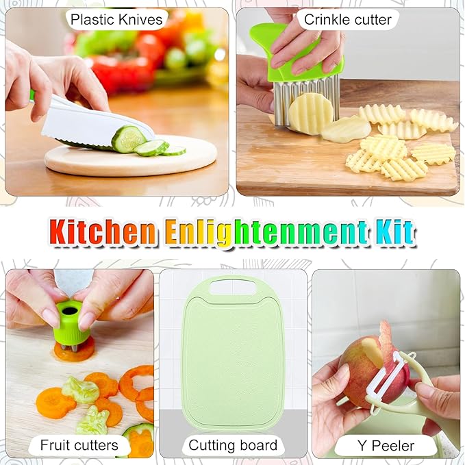 9 Pcs Kids Kitchen Knife Set, Kids Knives For Real Cooking With Cutting Board, Y Peeler, Crinkle Cutter, Sandwich Cutter, Serrated Edges Plastic Toddler Knife Kid Safe Knives