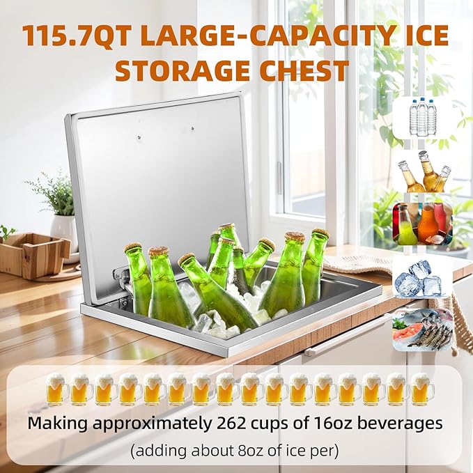 Upgraded Drop in Ice Chest, Stainless Steel Ice Cooler, Commercial Ice Bin with Cover, Outdoor Kitchen Ice Bar, Drain-Pipe and Drain Plug Included, for Cold Wine Beer