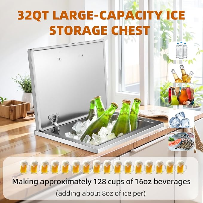 Upgraded Drop in Ice Chest, Stainless Steel Ice Cooler, Commercial Ice Bin with Cover, Outdoor Kitchen Ice Bar, Drain-Pipe and Drain Plug Included, for Cold Wine Beer