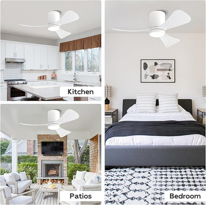 42 Inch Low Profile Ceiling Fan with Lights, Modern Flush Mount Ceiling Fan, 3 ABS Blades, 6-Speed, Reversible DC Motor, Noiseless, for Indoor/Outdoor Kitchen Bedroom (White)