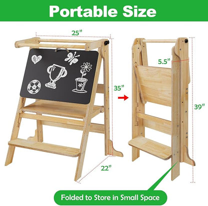 Toddler Tower for 2 Kids Foldable, Montessori Kitchen Standing Tower for Twin Toddlers 1-3, Step Stool with 3 Adjustable Heights & Chalkboard, Baby Helper Tower for Counter Bathroom Sink