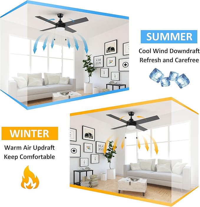 52 Inch Black Pull Chain Ceiling Fan with 2 in 1 Reversible Blade, 3-color LED Light, 5 Speeds Quiet Reversible DC Motor, 4 Plywood Blades Modern Ceiling Fan for Living Room, Bedroom, Kitchen