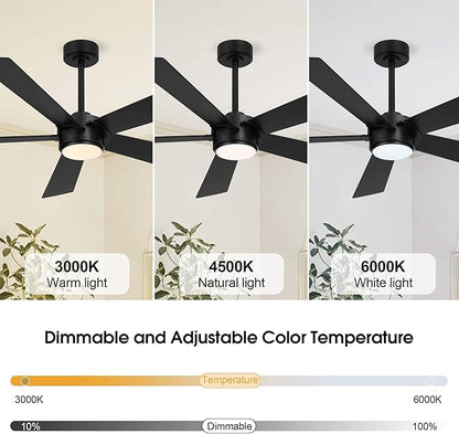 54" Ceiling Fan with Light and Remote Control, Modern Dimmable LED Light, 6-Speed Noiseless Reversible DC Motor, 5 Plywood Ceiling Fan for Kitchen Bedroom Living Room Black