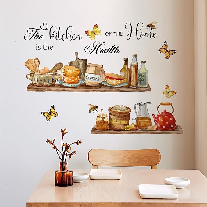 Kitchenware Wall Stickers Teapots Jars Cookie Rice Wall Decals Peel and Stick Kitchen Quote Wall Art Decors for Kitchen Dining Room Restaurant Bar Wall Decor