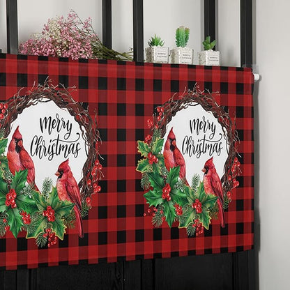 Vandarllin Merry Christmas Kitchen Curtains Valances for Windows Winter Cardinal Holly Berries Rod Pocket Window Treatment for Kitchen/Living Room/Bedroom/Bathroom,60" X 18" -1 Panel, Red Black Plaid