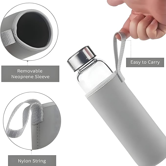 1Liter Borosilicate Glass Water Bottle with Bamboo Lid & Wide Mouth, Tea Infuser, Time Markers, and Motivational Design, Include Sleeve for Durability & Secure Grip., Nar02