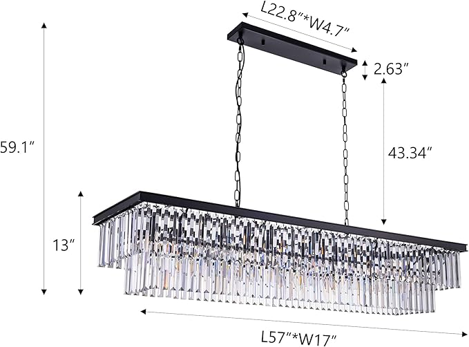 Wellmet Crystal Chandelier, 57 Inch 13-Light Black Chandelier for Dining Room Light Fixture Ceiling Hanging, Modern Rectangular Chandeliers for Kitchen Island, Living Room, Bedroom, Dining Table