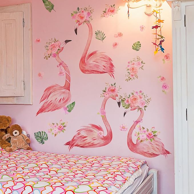 Pink Flamingo Wall Decals - Stylish Bird and Flower Stickers for Home Decor