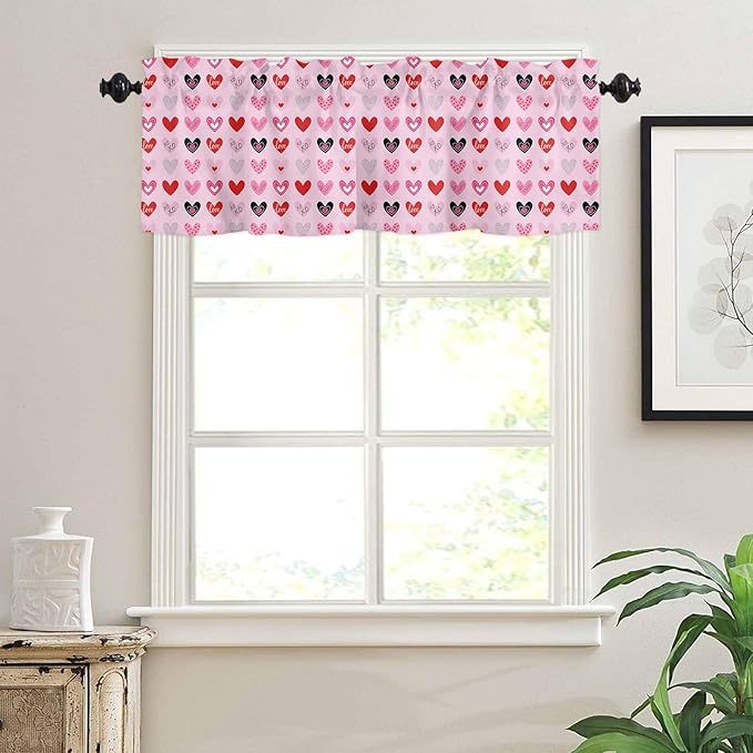 Vandarllin Valentines Day Valances Kitchen Curtains for Windows, Valentines Decor Rod Pocket Valances Red Pink Hearts Home Decorations Short Curtains for Bedroom/Living Room,54" X 18" -1 Panel