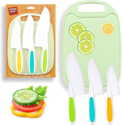 4 Pcs Kids Kitchen Knife Set,Kids Knives For Real Cooking With Nylon Kitchen Baking Knife with Cutting Board,Firm Grip,Safe Serrated Edges Kids Knives for Cutting